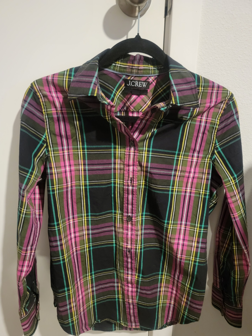 J. Crew Black Plaid Button-Down Shirt with Pink and Green Stripes
